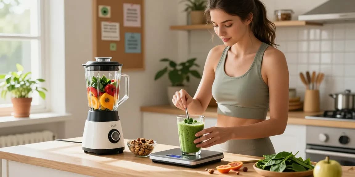 Health tips for a nourishing smoothie preparation in a bright kitchen.