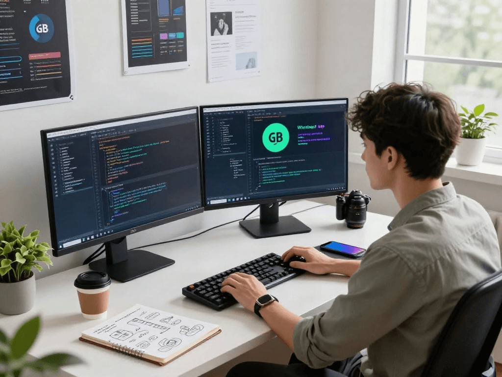 Developer coding the gb whatsapp apk in a modern workspace with dual monitors, coffee, and creative notes.