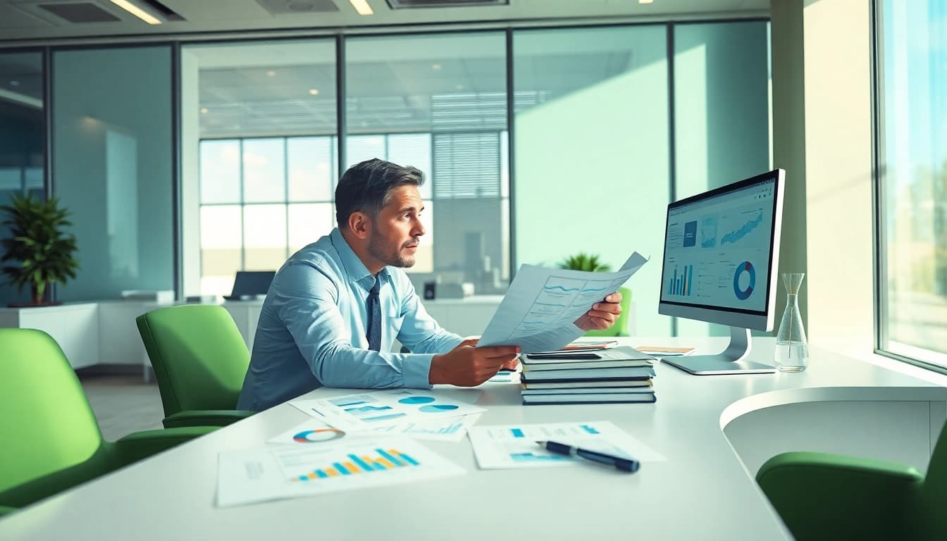 Consultant performing Bid-No-Bid Analysis. in a modern office setting with charts and data.