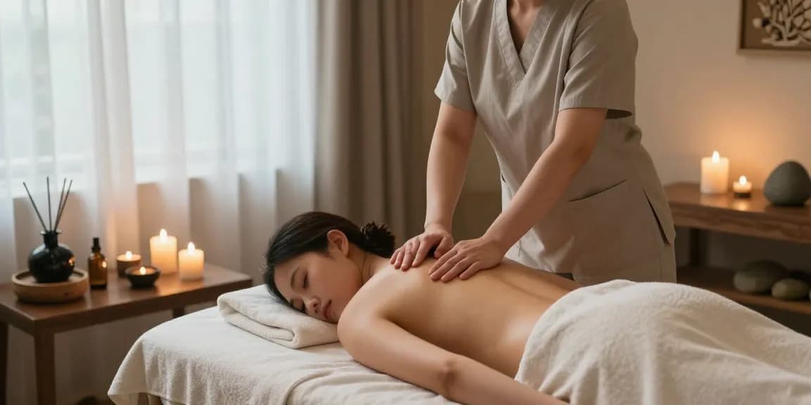 마사지 테라피룸에서 편안한 마사지 중인 마사지사와 고객의 모습