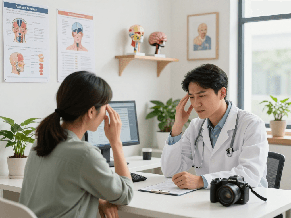 Consultation with a headache specialist in Abu Dhabi, showcasing a modern medical environment.