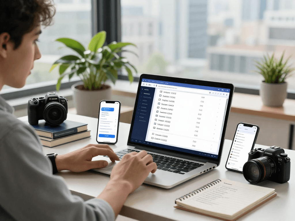 User utilizing the who-called-me phone number origin lookup tool in a tech workspace with gadgets.