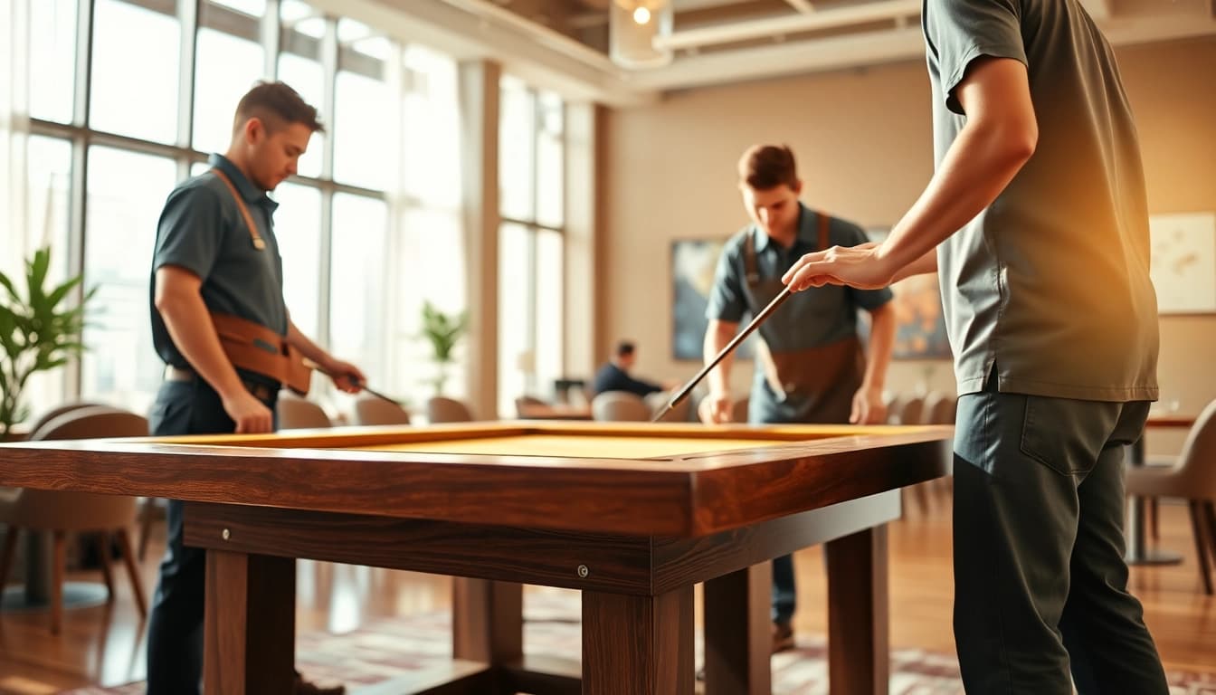 Expert game table movers services showcasing skilled disassembly in a warm, inviting game room.