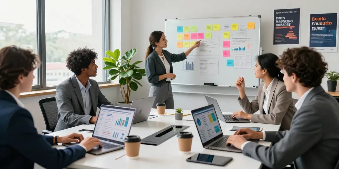 Dynamic business meeting at a marketing agency showcasing teamwork around digital strategies and analytics dashboards.