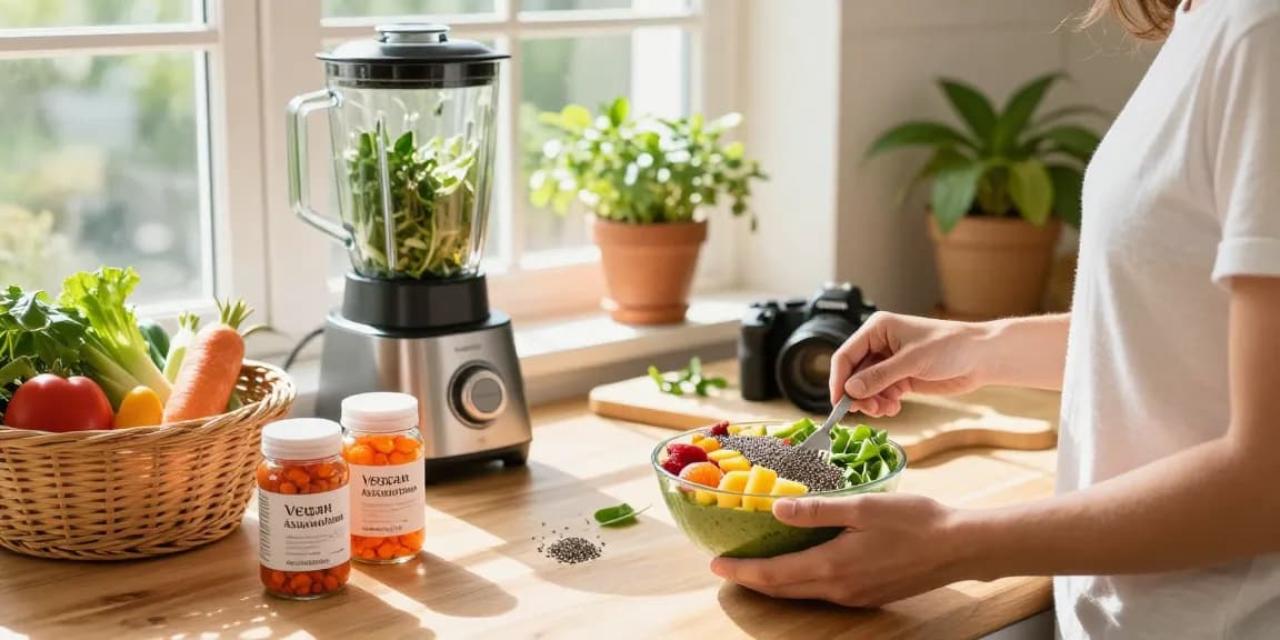 Preparing a colorful smoothie bowl with vegan astaxanthin supplements in a bright kitchen.