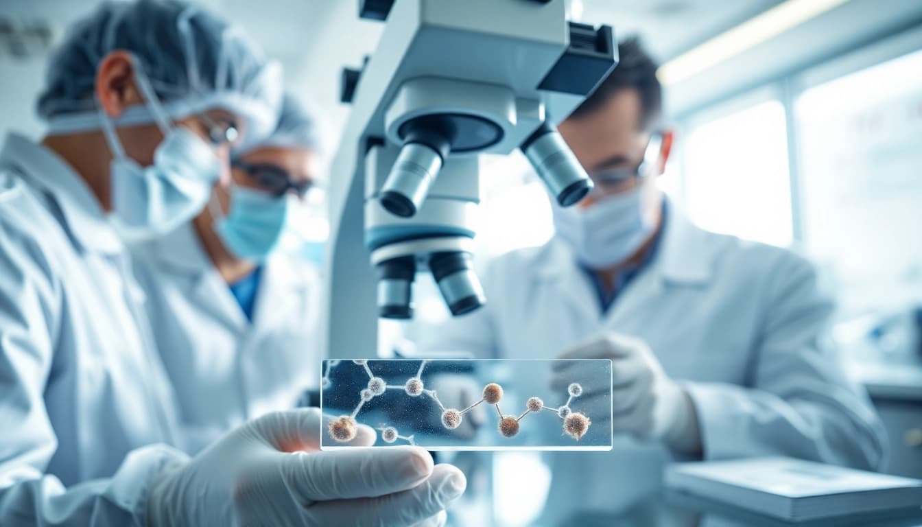 Researchers examining COA tested peptides in a modern lab environment, showcasing scientific precision.