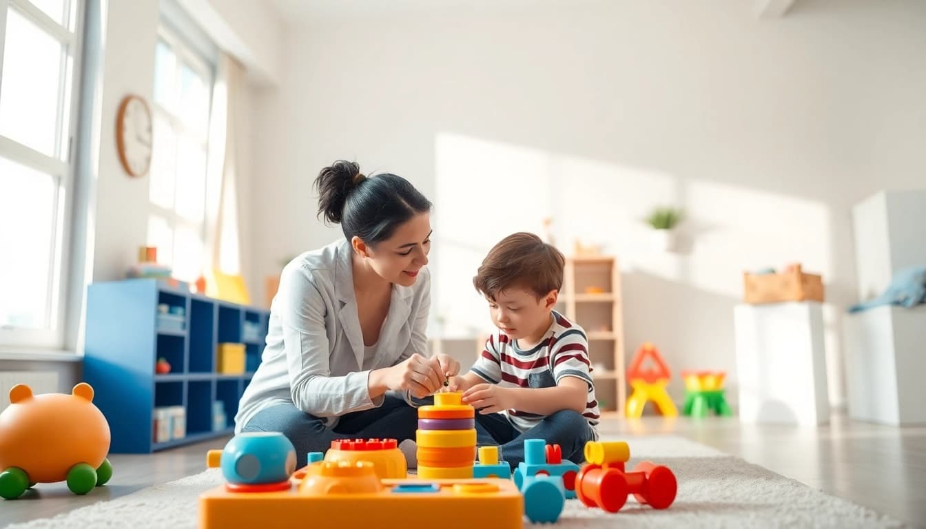 Engaging ABA therapy in Troy illustrating a therapist and child using toys for learning.