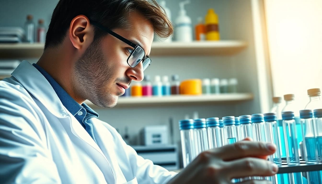 Buy tb500 with a focused scientist analyzing research peptides in a bright lab.