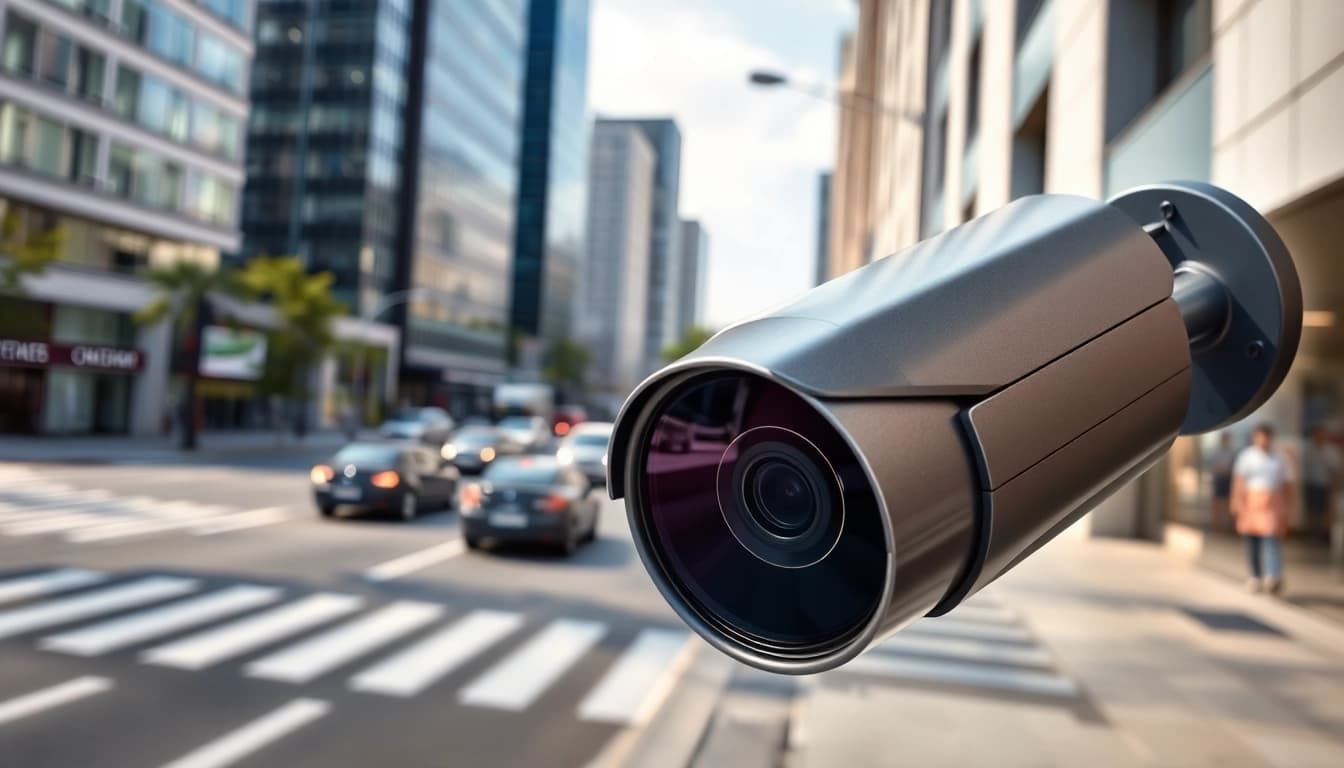 CCTV camera equipped with computer vision technology monitoring a busy urban environment.