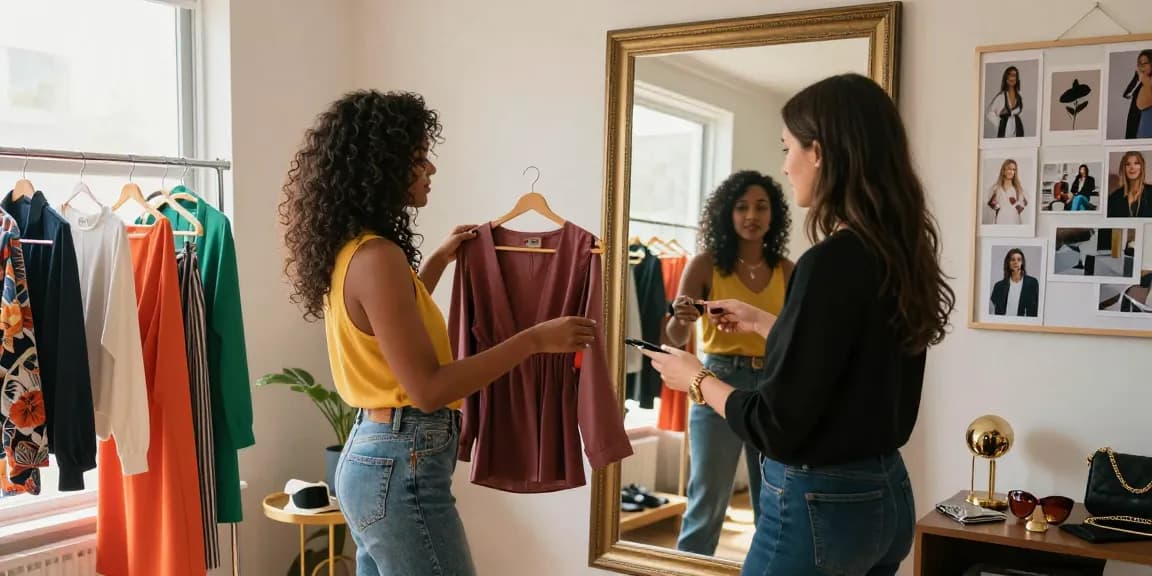 Consulenza d'immagine con professionista in ambiente accogliente, analizzando stile e outfit.