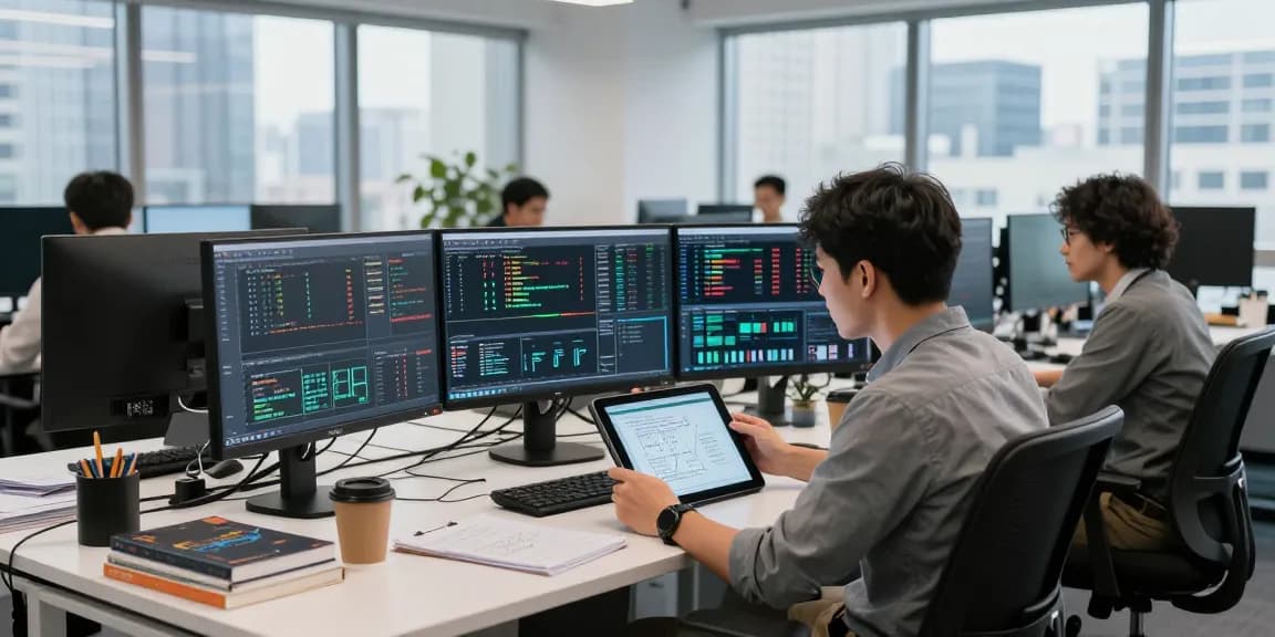 Developers analyzing silver market data feed on monitors in a modern office.