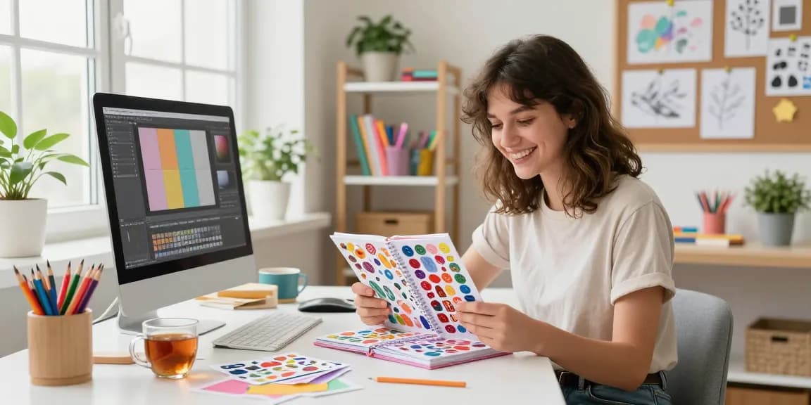 Vibrant workspace with woman designing a reusable sticker book surrounded by art supplies and natural light.