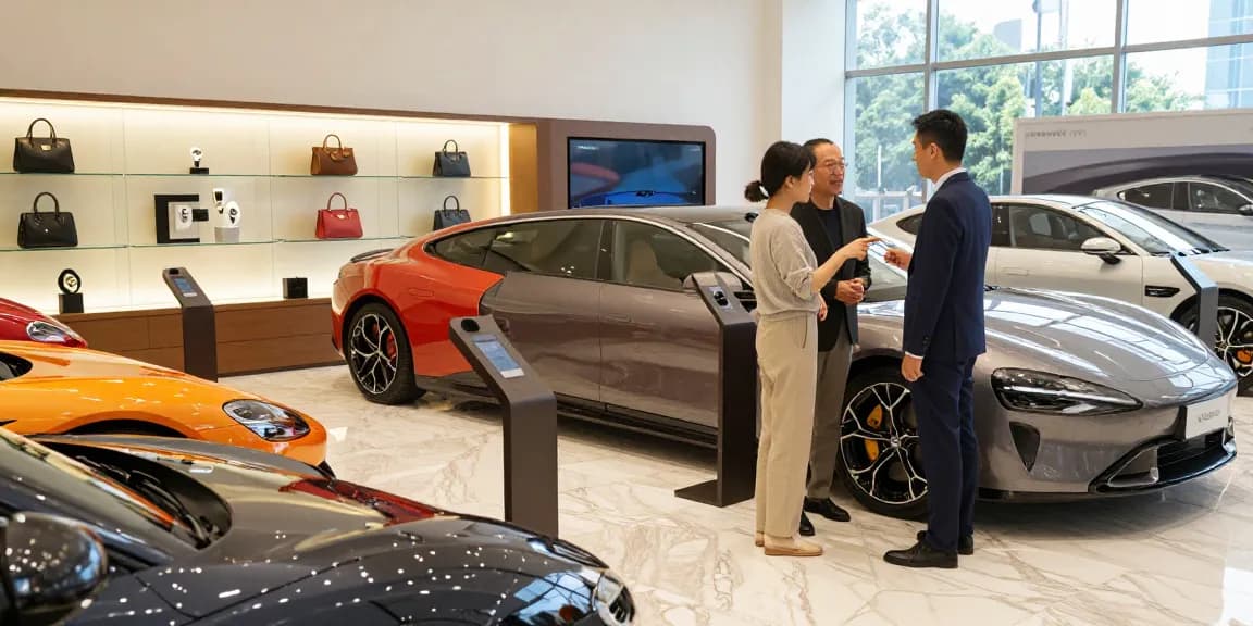 Interior showroom dengan mobil-mobil mewah LUXURY 777 yang berkilau dan suasana elegan untuk pengalaman otomotif premium.