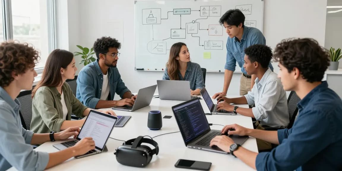 Build internal tools with AI by a diverse team collaborating in a modern workspace.