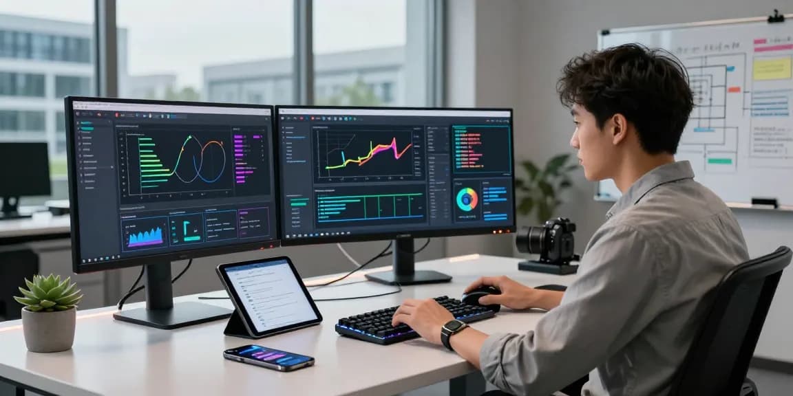 AI detector setup in a modern workspace analyzing content moderation metrics and algorithms.