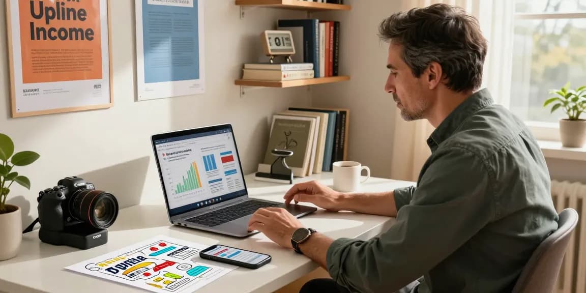 Successful online marketing entrepreneur at home office discussing strategies for Upline Income on XPAY33 official site