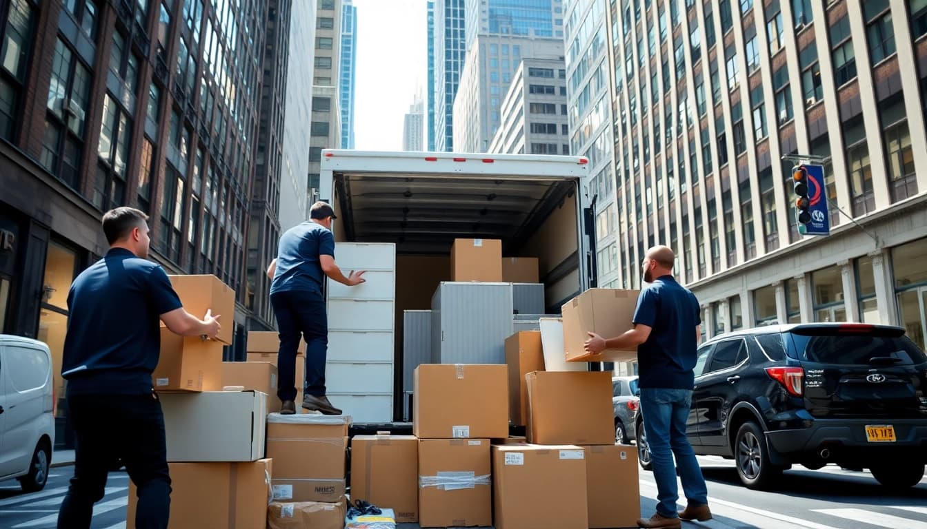 Efficient team performing Commercial Moving Services NYC by packing office equipment.