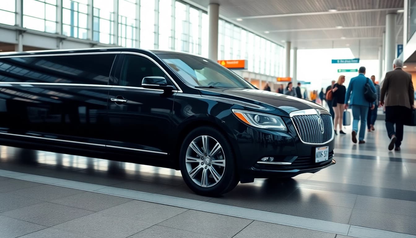 Experience reliable airport limo service next to a busy airport terminal. Luxurious and polished ride.
