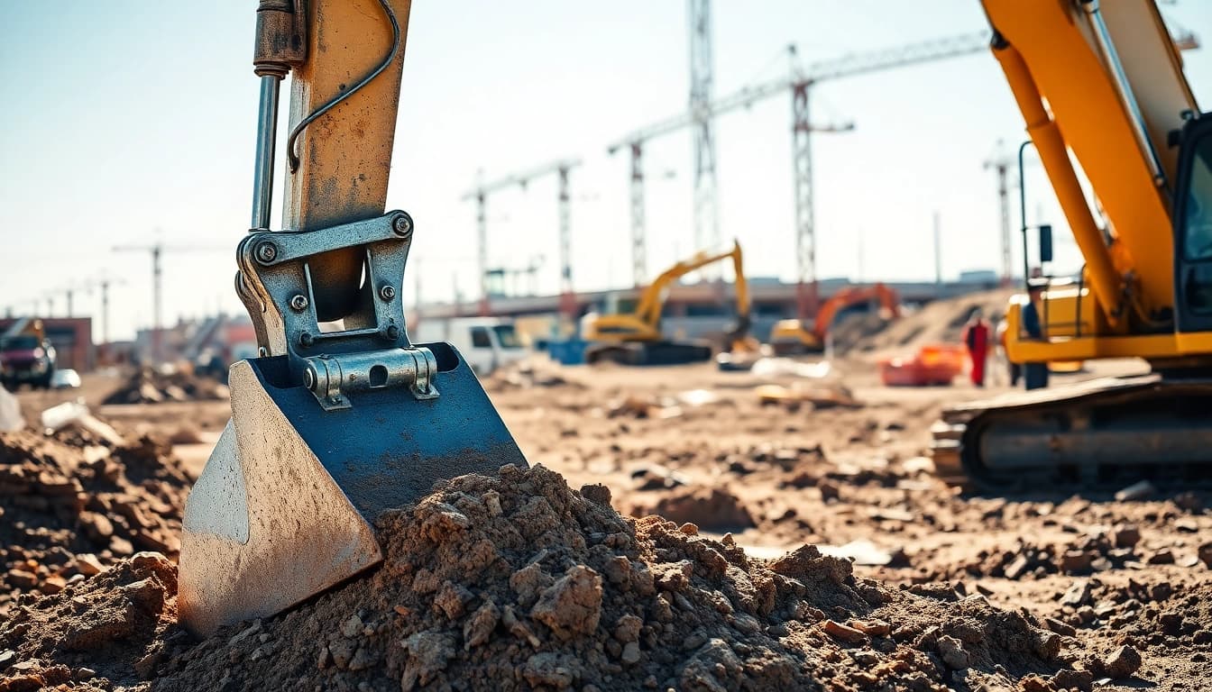 Excavator digging at a construction site with workers and equipment in the background.