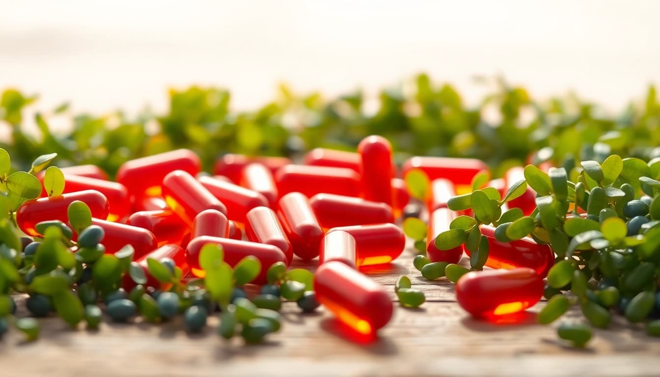 Discover the ideal astaxanthin daily dosage through vibrant capsules on a natural backdrop.