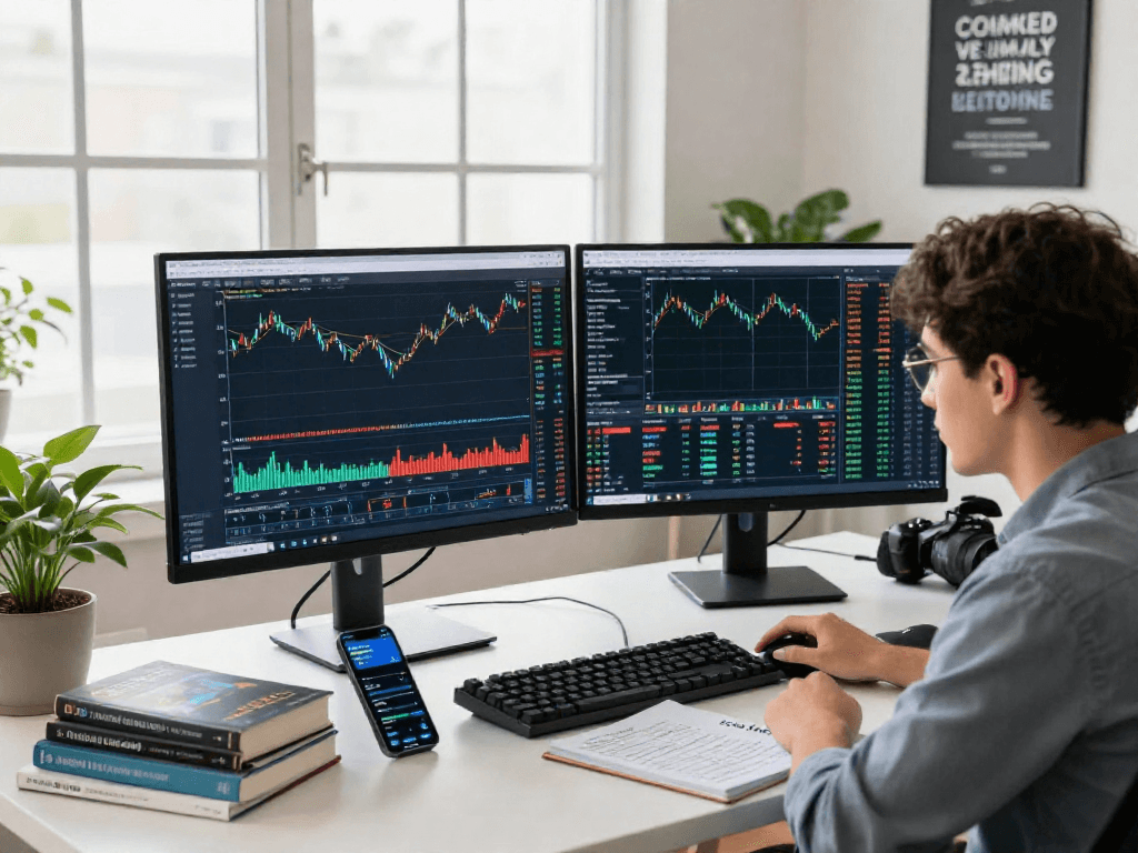Professional analyzing TradingView charts in a modern trading workspace with dual monitors and market analysis notes.