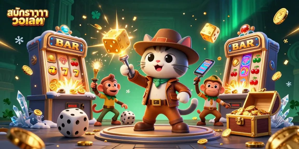 Win big with สมัครบาคาร่า วอเลท, featuring a lively scene of a cartoon archaeologist cat discovering casino treasures.