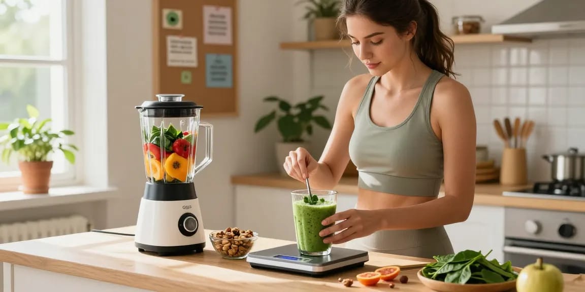 Health tips for a nourishing smoothie preparation in a bright kitchen.