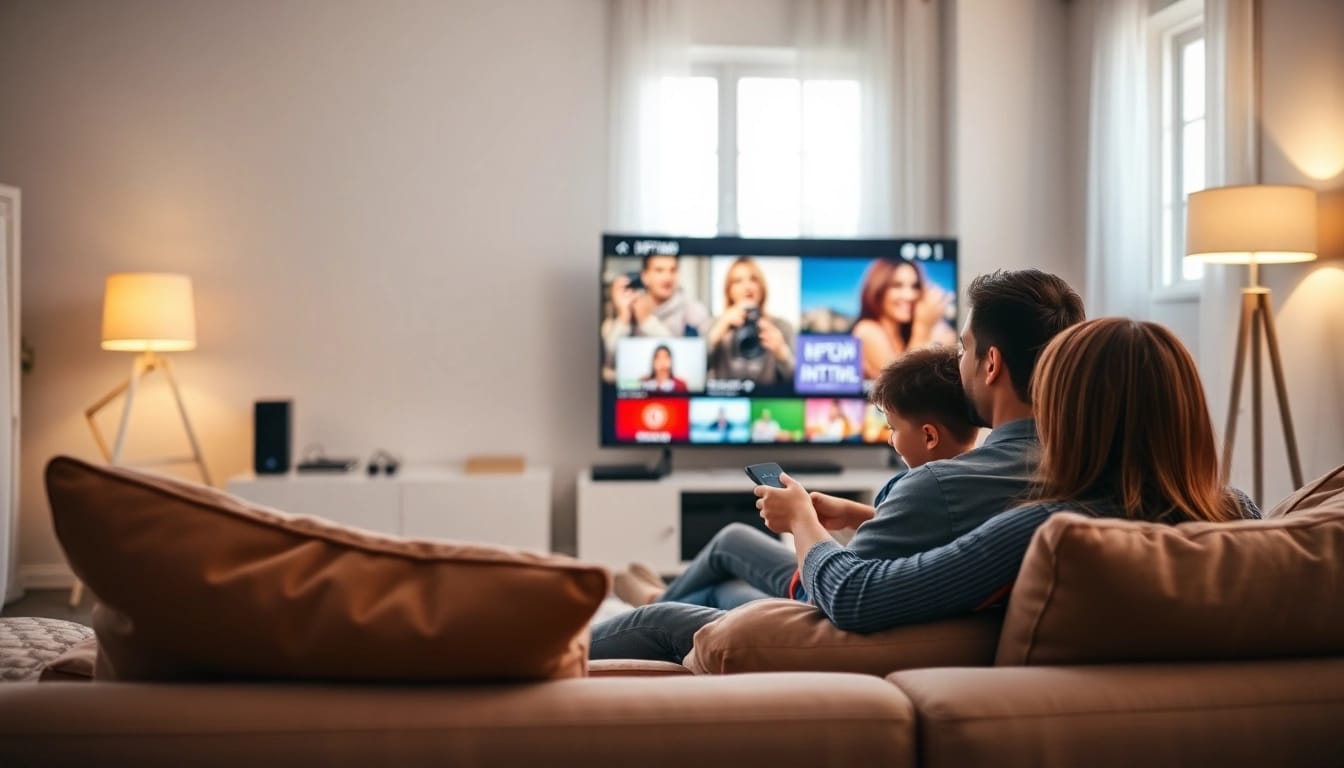Enjoying an engaging IPTV free trial in a cozy living room setting with family.