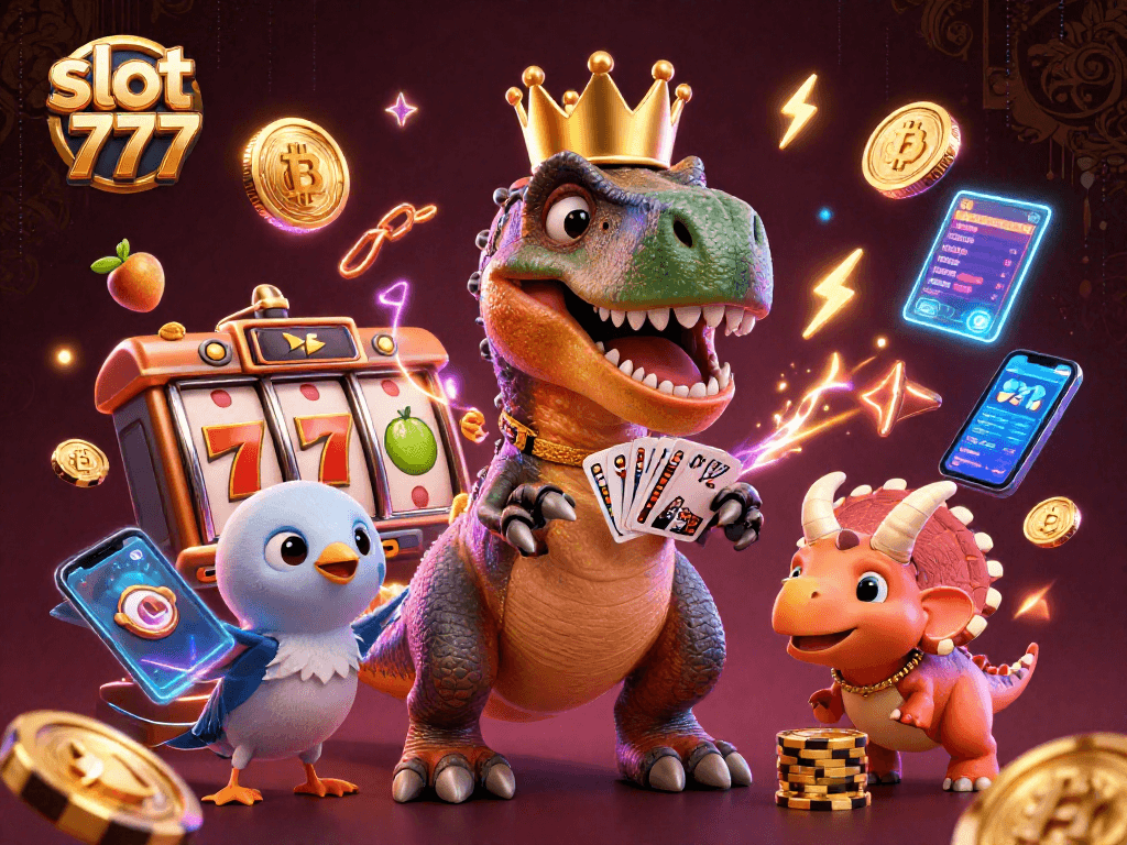 Spin reels and win big with slot 777 as a T-Rex and friends tackle casino fun!