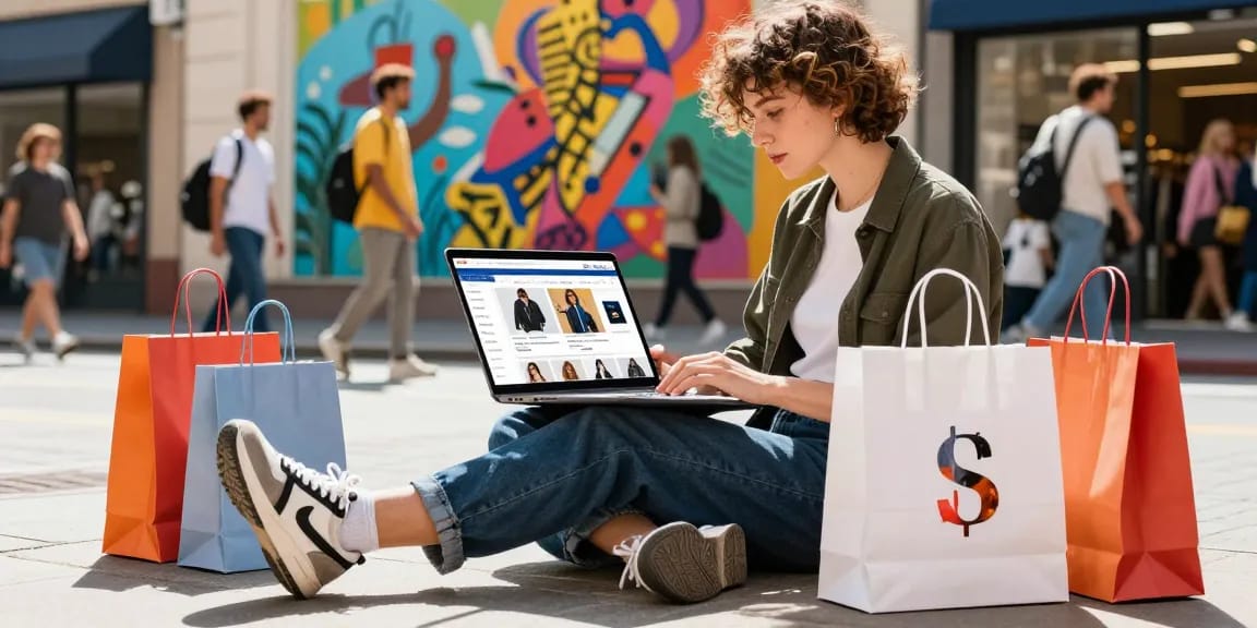 Stylish shopper browsing Acbuy spreadsheet for 2026 fashion trends in urban setting.