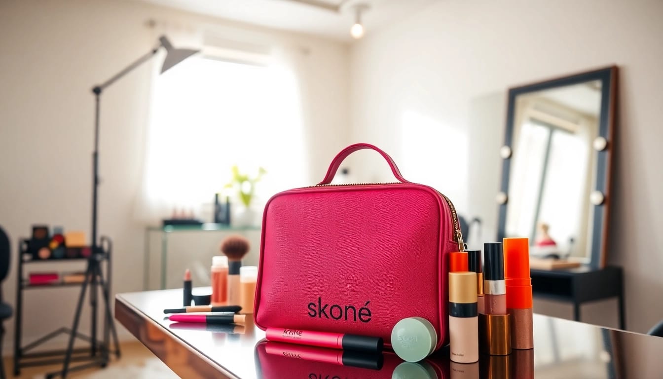 Showcase of skone cosmetics signature makeup bag with vibrant makeup products on display.