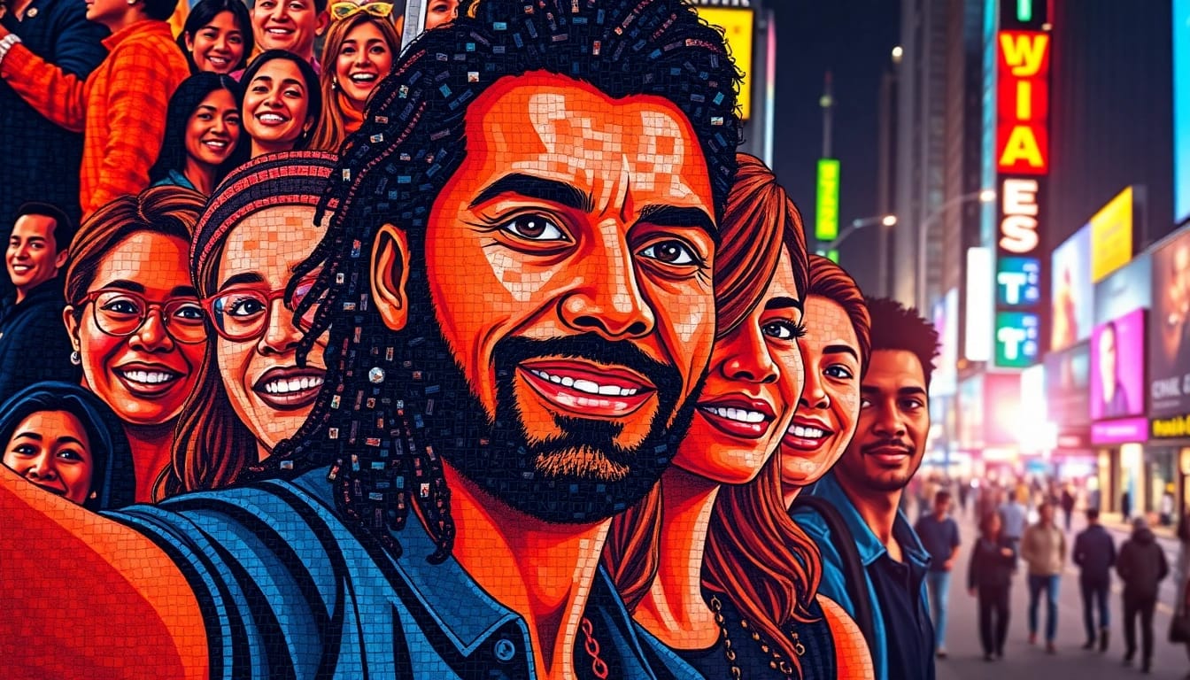 Intricate selfie mosaic displaying diverse images, emphasizing unity and creativity.