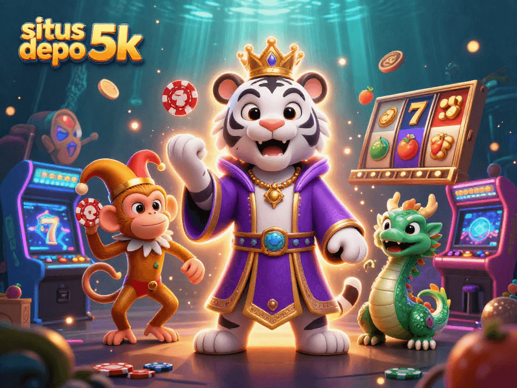 Spin big wins at situs depo 5k with a lively scene featuring a royal tiger, jester monkey, and exciting games.