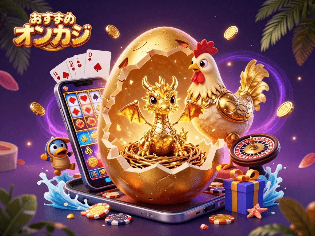 おすすめ オンカジの宝ドラゴンがスロットゲームやポーカーを楽しむシーン