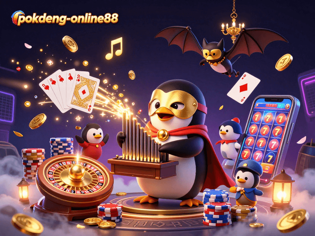 Experience thrilling gaming with pokdeng-online88 as a penguin plays a golden organ amidst dynamic casino elements.