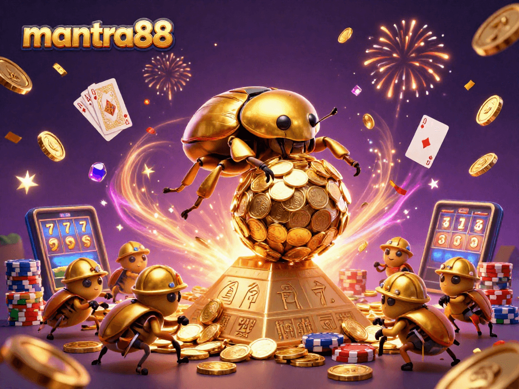 Experience the thrill of mantra88 casino with vibrant golden coins, beetle characters, and action-packed game elements.