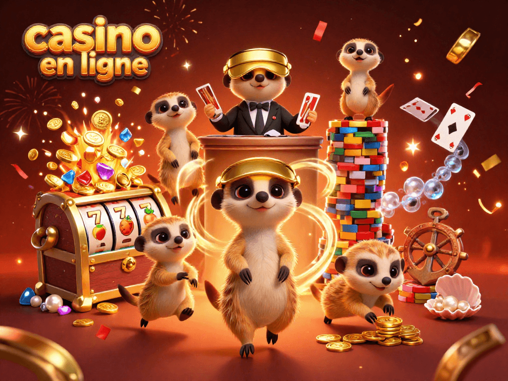 Les suricates gèrent un casino en ligne, entourés de trésors et de confettis festifs.