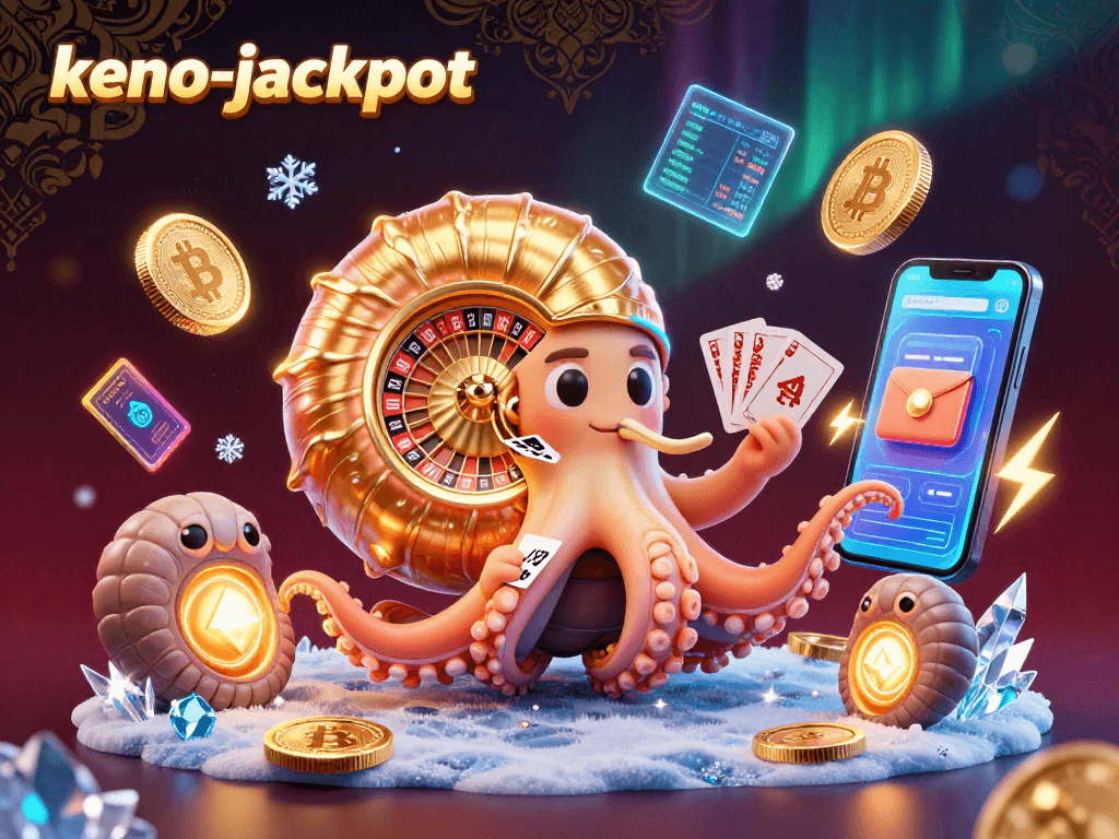 Keno-jackpot showcases an ancient nautilus roulette wheel with glowing ammonites and vibrant crypto elements.