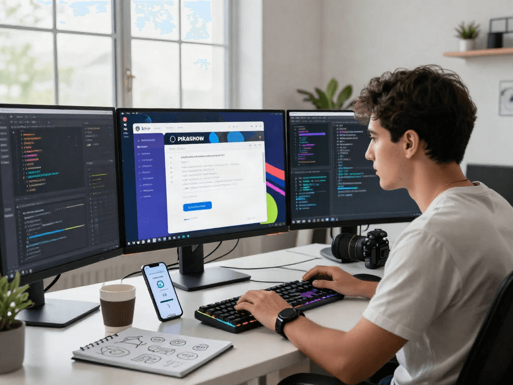 Pikashow APK download in a vibrant workspace with multiple screens showcasing app interface and coding.