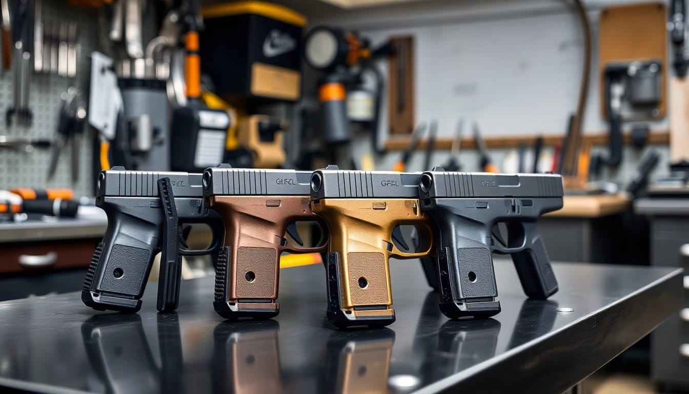 Showcase of Glock 23 slides displayed on a table, highlighting unique details and finishes.