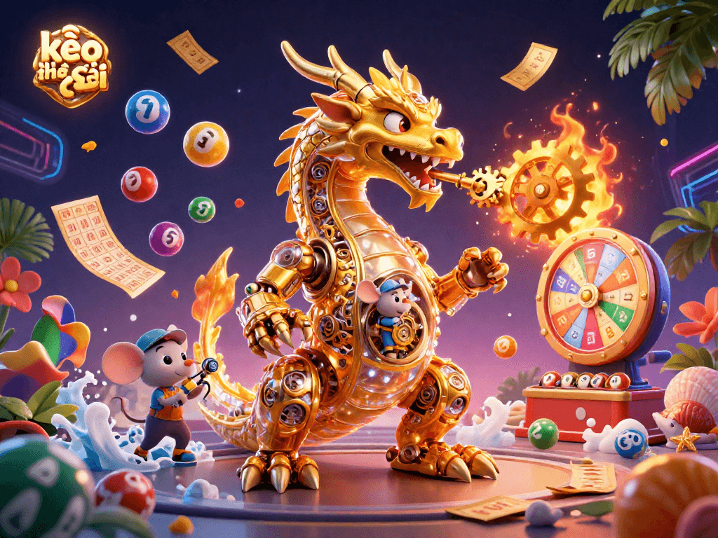 Experience kèo nhà cái excitement with a golden dragon and a dynamic lottery scene filled with vibrant elements.