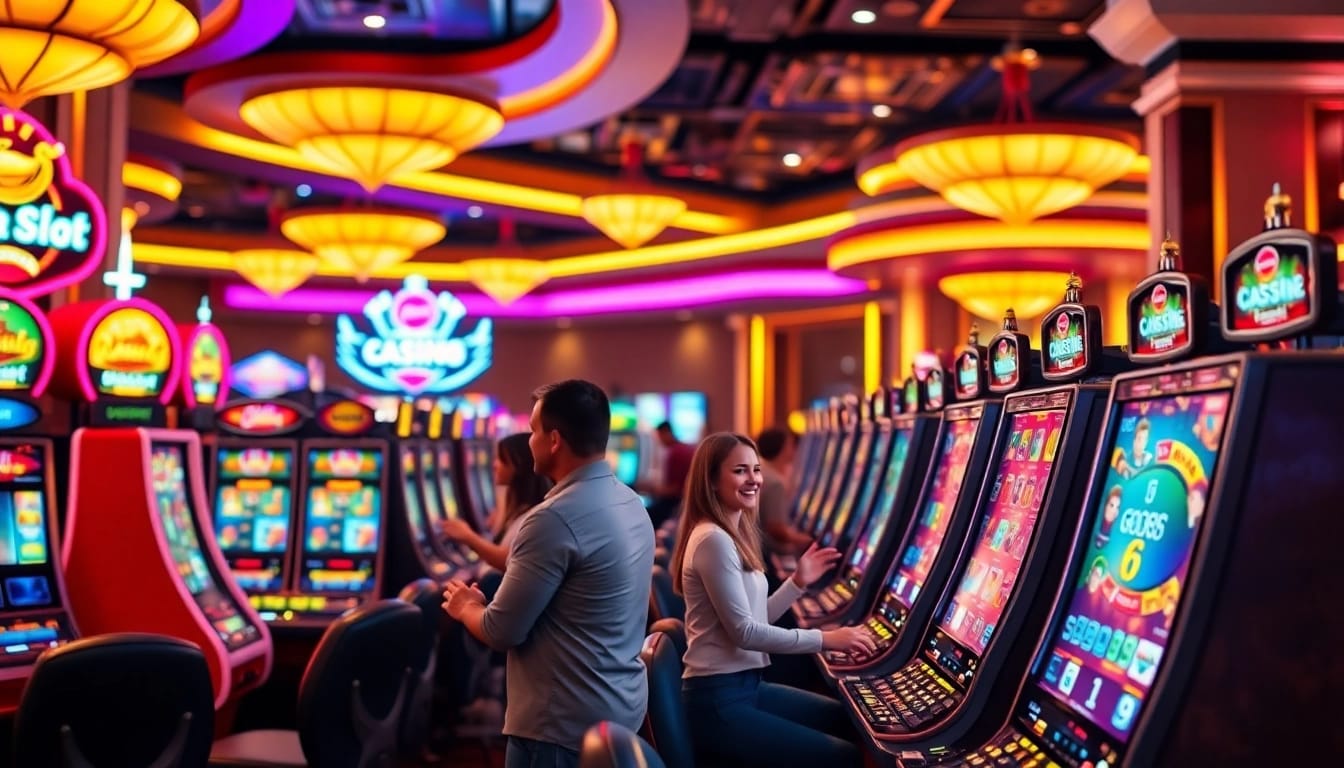 สล็อต machines in a vibrant casino atmosphere with lively players engaged in the game.