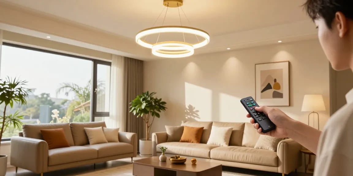 Lustre LED moderne într-un living elegant, cu mobilier stylish și plante decorative
