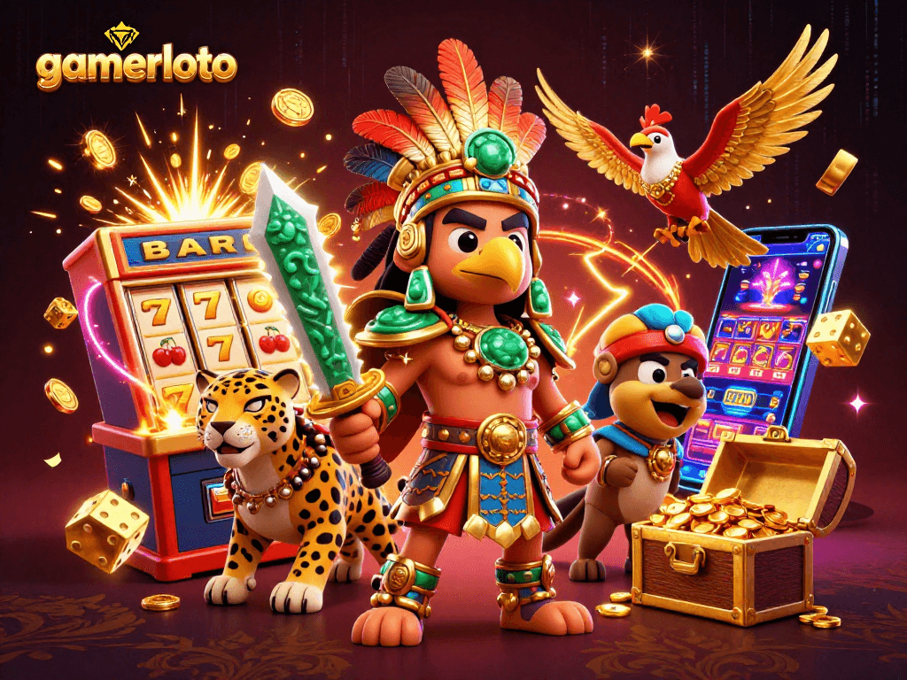Experience thrilling jackpots with gamerloto—a vibrant casino scene showcasing dynamic 3D characters and  winning slot elements.