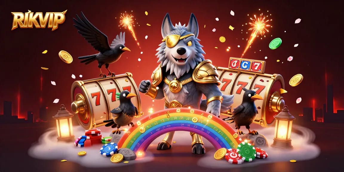 Enhance your winnings at RIKVIP with a dynamic 3D illustration showcasing a Norse wolf, ravens, and casino elements.