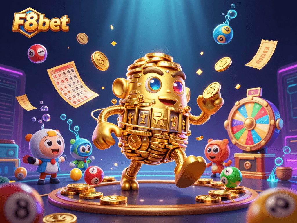 Experience the thrill of F8bet with a vibrant 3D casino scene showcasing games and excitement.