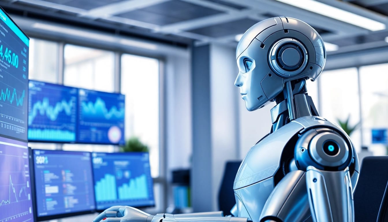 Ai agents interacting with technology in a professional office setting showcasing innovation.