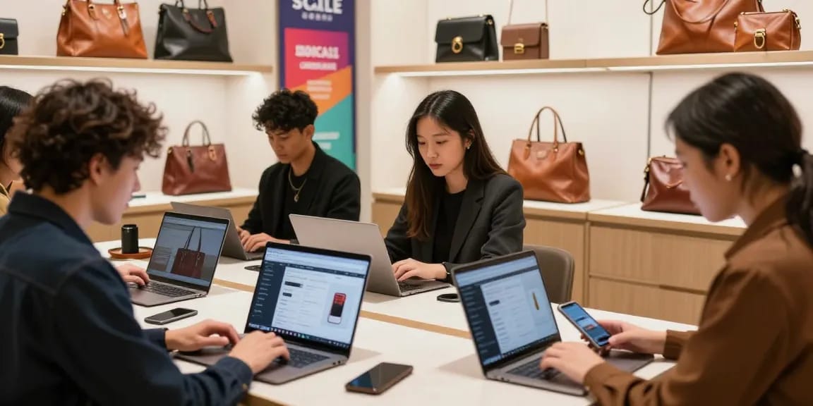 Slot into stylish leather accessories with diverse shoppers engaging in a vibrant retail space.
