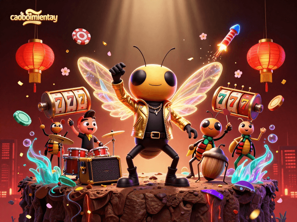 Engage in thrilling caoboimientay adventures while watching a cicada rock star and backup singers in a vibrant casino scene.
