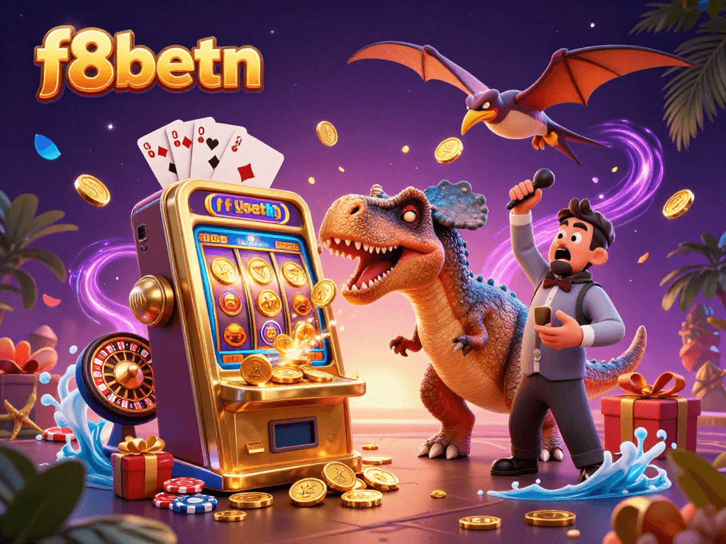 Spin to win with f8betn as a dinosaur hits a jackpot, catching coins in a roaring casino!